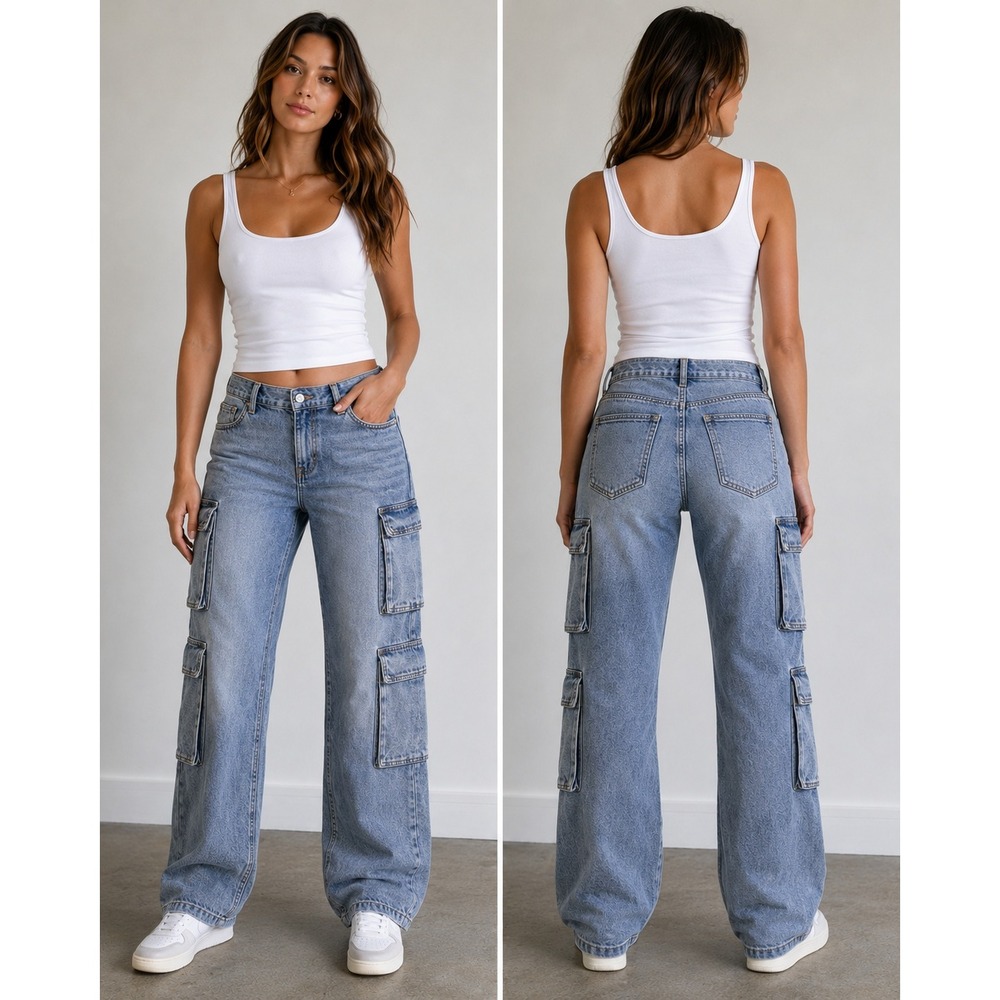 High-Rise Light Blue Cargo Wide-Leg Jeans